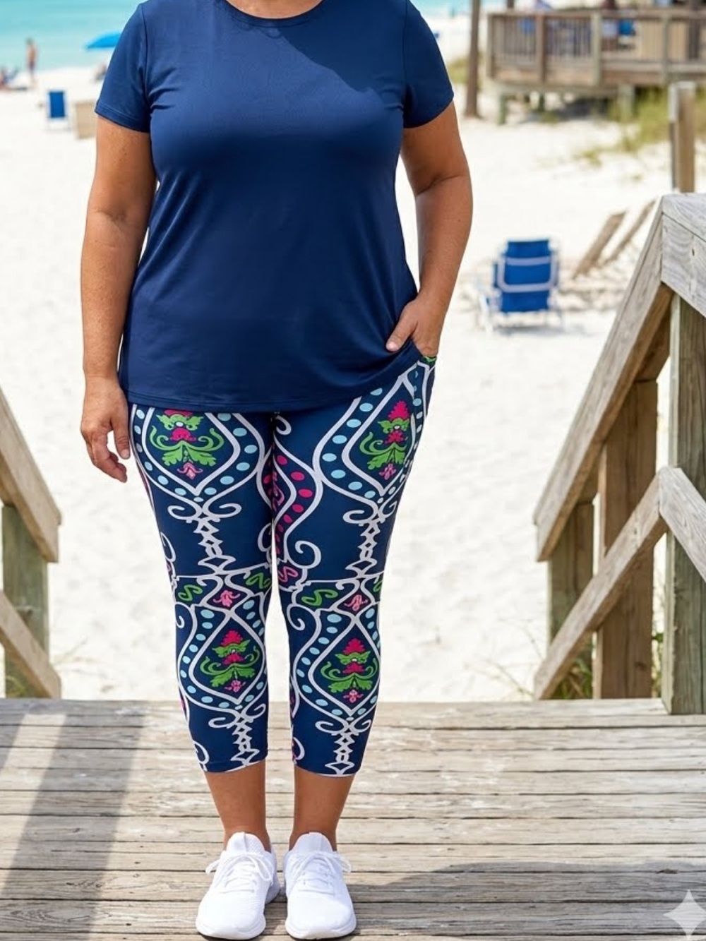 Lolly Wolly Doodle Navy Capris Pink, Green White Medallion Print stretch size xl